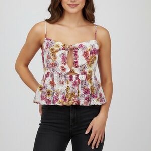 Waverly‎ Eyelet Floral Cami Top Peplum Cutout Magenta Daisies XL